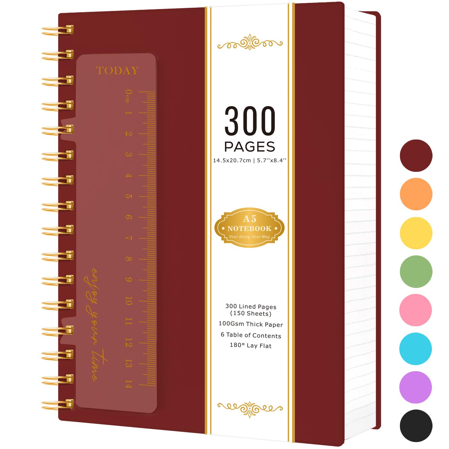 NIRMIRO Notepad, Notebook A5, 300 Pages/150 Sheets Wirebound Spiral Notebook with Ruler, 100GSM Lined Paper, PVC Cover, for Women Men Work Office School, 14.5 x 20.7cm, Red