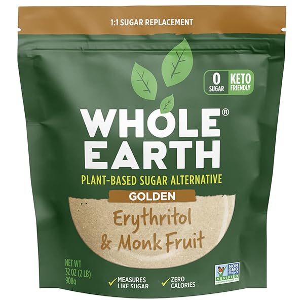 WHOLE EARTH, PLANT-BASED SUGAR ALTERNATIVE – GOLDEN SWEETENER ERYTHRITOL & MONK FRUIT, ZERO CALORIES, NO ARTIFICIAL COLORS AND KETO FRIENDLY (32OZ / 2LB)