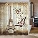 Uphome 72 X 72 Inch Retro Vintage Paris Eiffel Tower Waterproof Kids Bathroom Shower Curtain - Butterfly and Flower Pale Brown Polyester Fabric Bathroom Decor Set