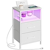 HOOBRO Nightstand with Charging Station, Bedside Table with LED Lights and 2 Fabric Drawers, End Table with 2 AC Outlets and USB Port, Small Night Stand for Bedroom, White WT118UDBZ01