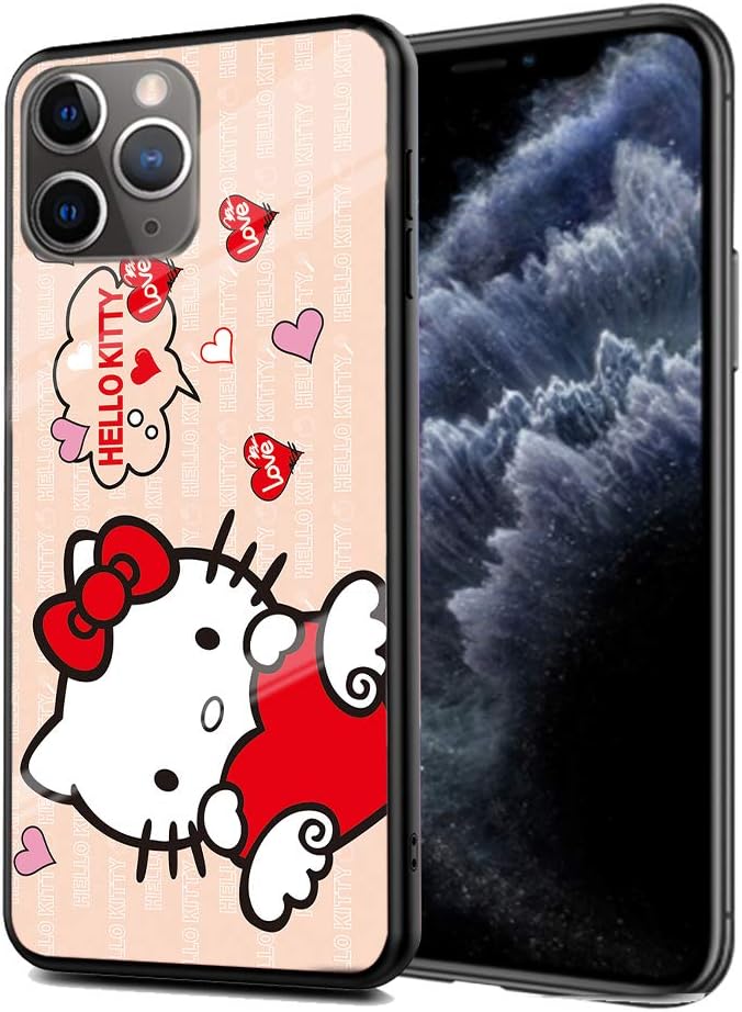 Y2PKZISTORE iPhone 11 Case, Tempered Glass Back Cover + TPU Frame Hybrid Shell Hello Kitty Cute Cartoon Cases Silicone Shockproof Anti-Scratch Cover Compatible for Apple iPhone 11(6.1 inch)#F