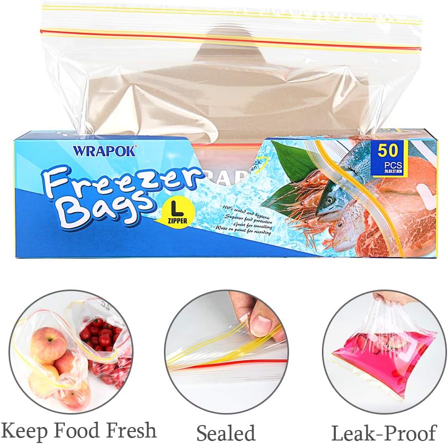 WRAPOK Ziplock Freezer Bags Large Reusable Food Plastic Seal Bag Soup Storage Zip Lock Bag, 10.5 x 11 Inch - 100 Count - Image 3