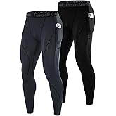 Roadbox 2 Pack Men's Compression Pants, Quick Dry Running Tights Leggings with Pockets, Athletic Base Layer for Workout Gym