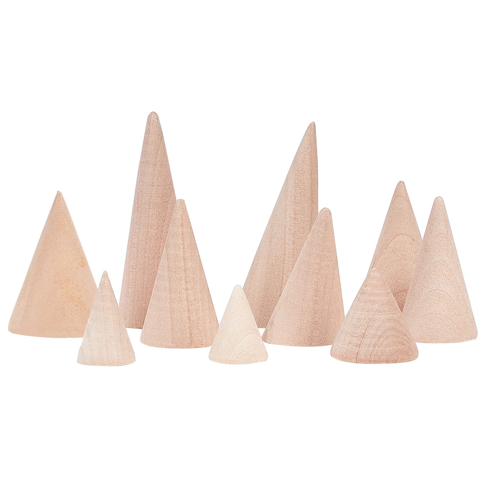 FINGERINSPIRE 10 Pcs Natural Wood Cone Ring Holders Wooden Ring Display Stands with 10 Different Size Unpainted Wooden Cones Jewelry Display DIY Craft Wood Cone Stand, Height 3.8-7.8cm