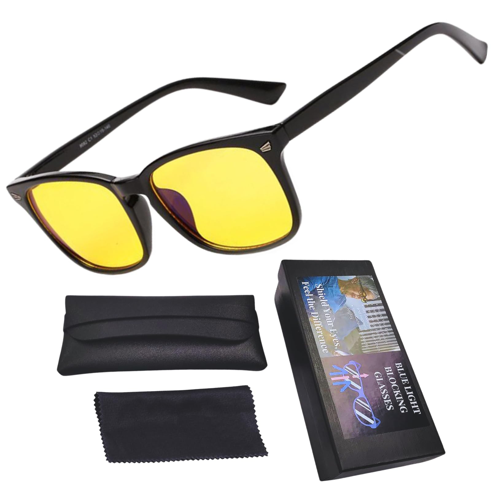 genkigold Blue Light Blocking Glasses Improve Sleep Quality,Promote Melatonin Production,Ease Dry Eyes,Headaches from for Computer,TV,Gaming,Present for Women/Men - Glossy Black Frame-Yellow Lenses