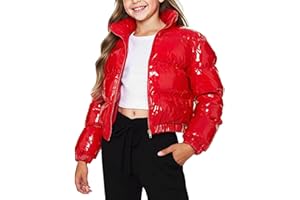Toddler Girls Shiny Puffer Jacket Down Winter Coats Zip Up Cropped Padded Warm Outerwear for Kids 1-10 Years