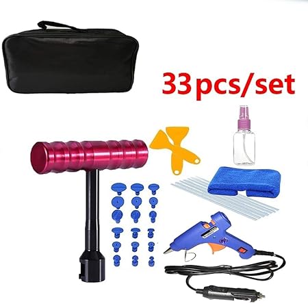 33 Stück/Set Auto Dent Abzieher Tool Kit, Paintless Auto Dent Repair Puller T Bar Gleithammer, Beule Lifter + 12V 20W Klebepi