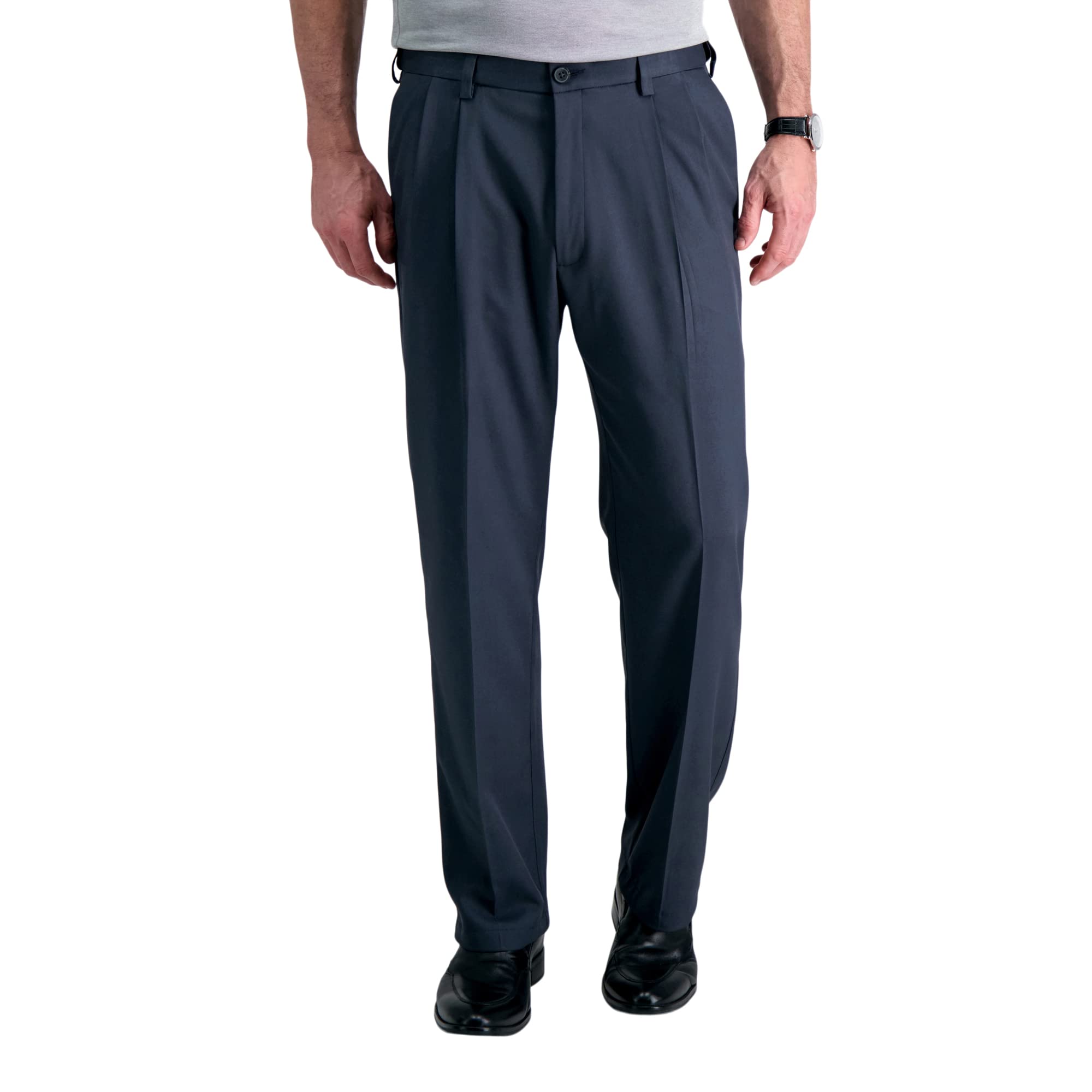 Haggar Mens Cool 18 Pro Classic Fit Pleat Front Hidden Expandable Waist with Big & Tall Sizes Casual Pants, Heather Navy, 44W x 29L US