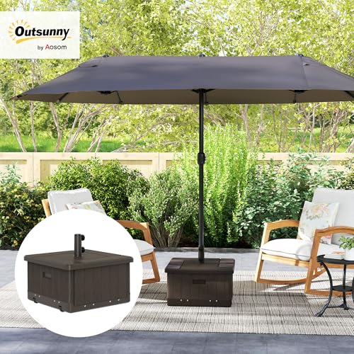 Outsunny 3-in-1 Outdoor Umbrella Base, Coffee End Table, Flower Box Planter with Drain Hole, Square Plastic 176lb Sand Fillable Patio Umbrella Stand Table w/Wheels, Handles, Brown