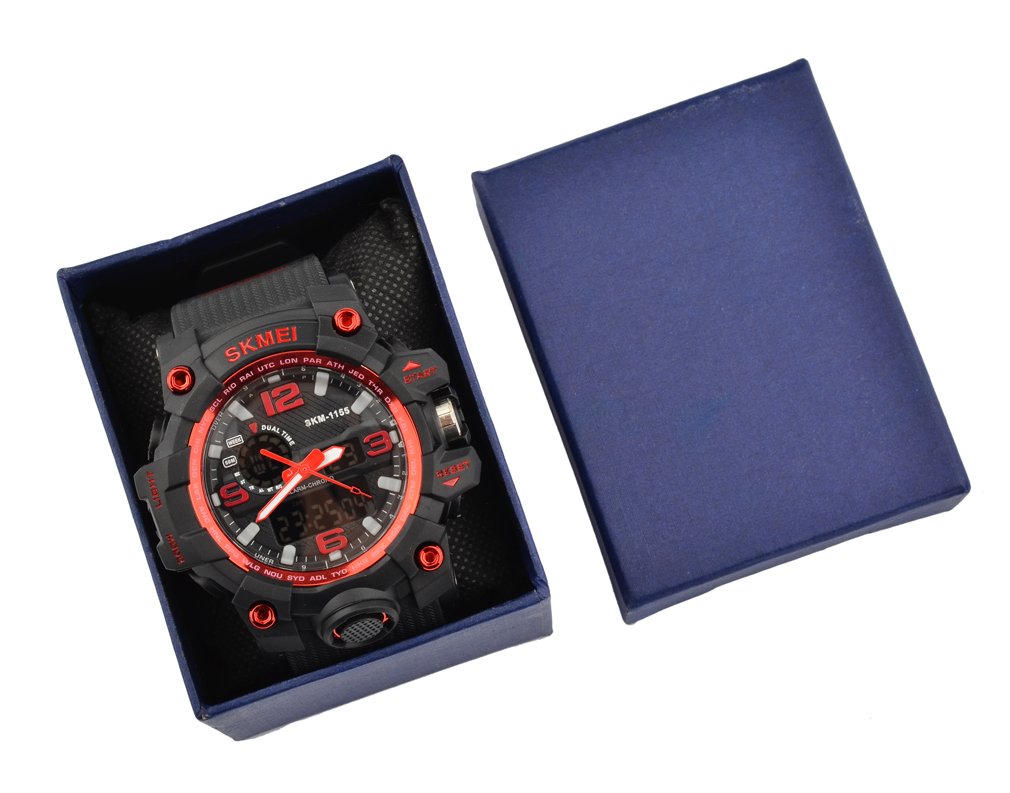 Oumosi - Orologio da polso da uomo, stile militare, con LED, digitale e analogico multifunzione, sportivo Red