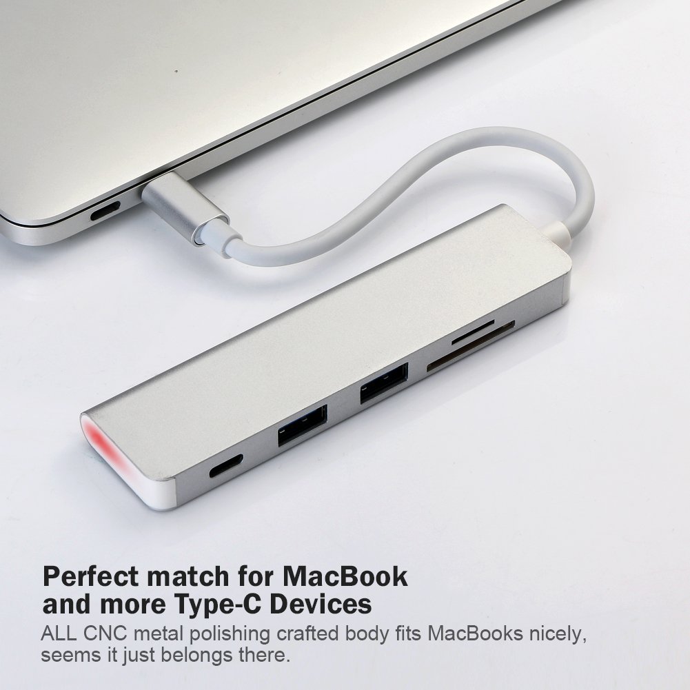 USB-C Hub, 5-in-1 Type-C Adapter To Power Delivery ,2 USB3.0 SD TF Card Reader USB Dongle For MacBook Pro 2018/2017/2016 Chromebook Pixel, DELL XPS13(Silver)