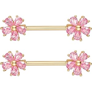 Josojoou 14G Flower Nipple Rings, 316L Surgical Steel CZ Sparkling Barbell Tongue Rings Set, 18K Gold Plated Nipple Piercing