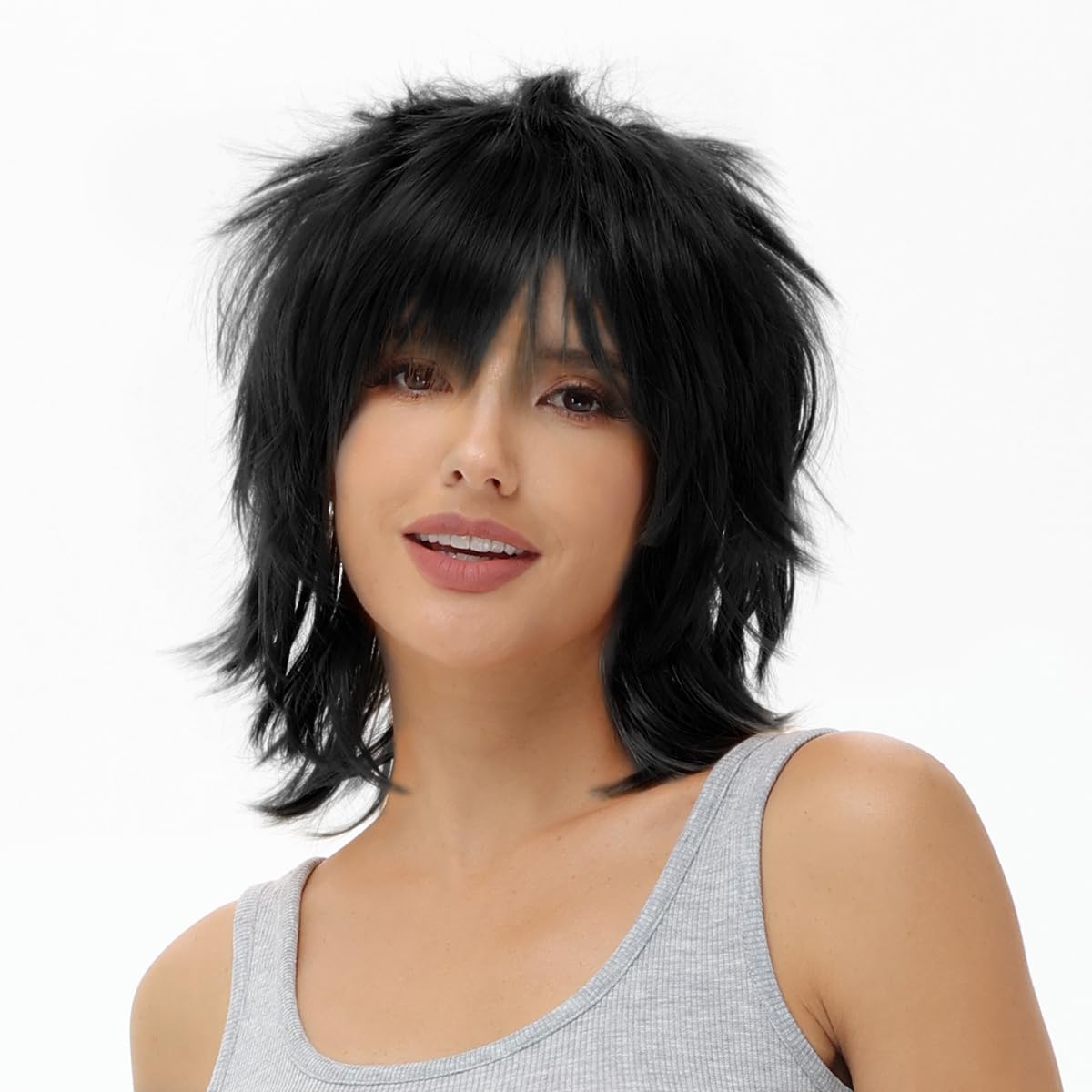 BUYOGET Anime Halloween Wig for Cosplay Party, Synthetic Layered Short Hair Wigs with Bangs Black — image 1