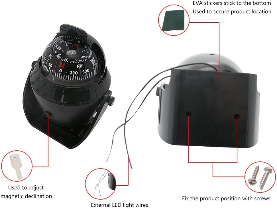 Odowalker Black Incandescent Light Illuminated Marine Compass Suitable for Car Boat and Truck (Black) : Sports & Outdoors