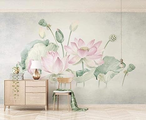 Amazon Bosakp 壁の壁画3d壁紙ピンク手描きの水彩画蓮蓮の葉蓮リビングルーム寝室テレビ背景壁の装飾アート 0x140cm 壁紙