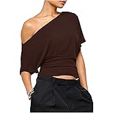 Milumia Women's Off The Shoulder Crop Top Ruched Dolman Short Sleeve Asymmetrical Y2K Going Out T Shirt