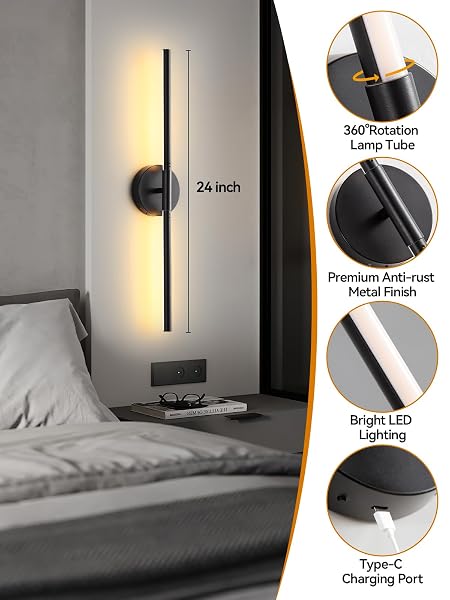 BATTERY OPERATED WALL SCONCES SET OF 2, MODERN WIRELESS WALL LIGHTS WITH REMOTE & TOUCH CONTROL, 24 INCH BLACK DIMMABLE RECHARGEABLE LED SCONCE WITH 3 COLORS & TIMER FOR BEDROOM, LIVING ROOM, HALLWAY