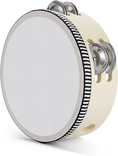 Flexzion Wood Handheld Tambourine 6-Inch Double Row 8-Pair Jingles