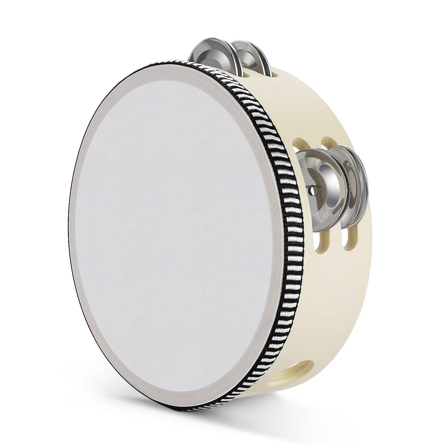 Photo 1 of Flexzion Wood Handheld Tambourine Adults 6-Inch Double Row 8-Pair Jingles (Wood) - Percussion Round Tamborines Musical Instrument with Metal Zills