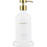 Glass Soap Dispenser Set by Janxin,Bathroom Soap Dispenser Set with Ceramic Tray,Luxury Bathroom Accessories,Modern Kitchen Decor (White+Gold(Hand Soap))