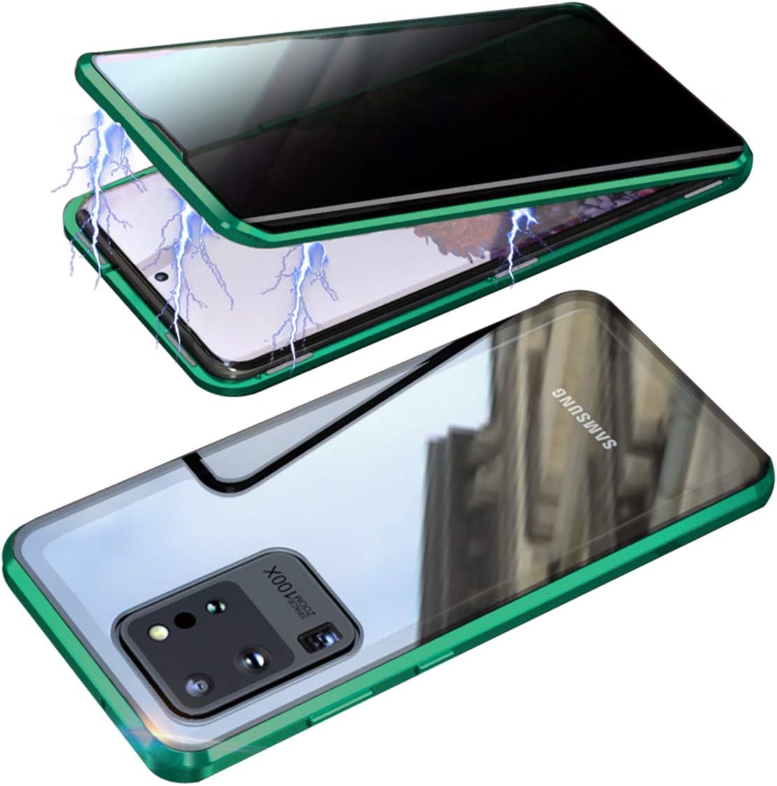 RANYOK Compatible Galaxy S20 Ultra (6.9 inch) Privacy Magnetic Case, Double-Sided Tempered Glass with Built-in Screen Protector 360° Full Body Metal Frame Cover (Green)