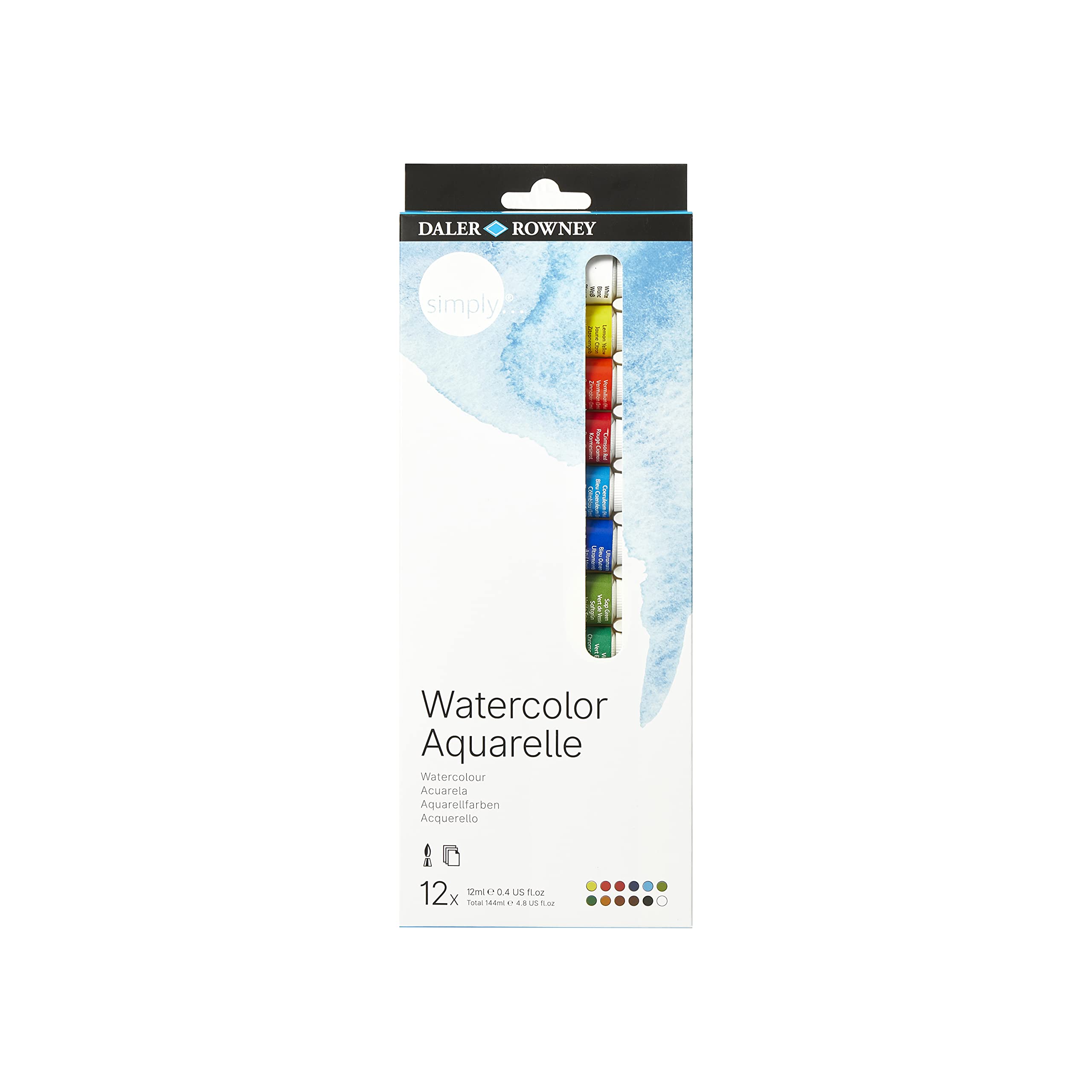 Daler-Rowney Simply 12ml Watercolour Paint Set, 12 Assorted Colours, Ideal for Entry-Level Artists & Hobbyists