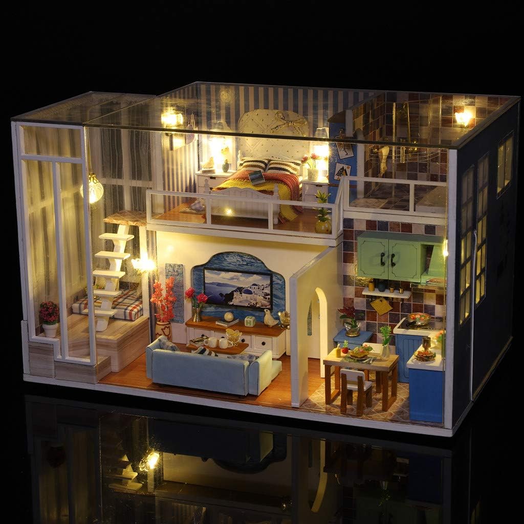 1 X Diy Wooden House Kit Todidaf Wooden Dollhouse 3d Wooden Diy Miniature House Furniture Led