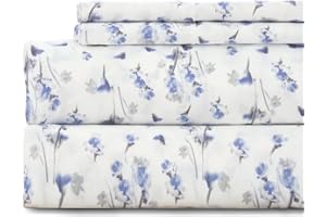 Twin Bed Sheet Set 3PC Printed Light Blue Flower Pattern Cooling 1800 Microfiber with Deep Pocket, Hotel Luxury, Super Soft, 
