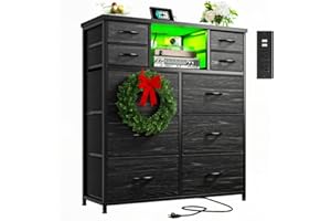 Romorgniz Dresser for Bedroom with 10 Drawers Featuring LED Light and Power Outlet, Fabric Dressers & Chest of Drawers with Open Shelves for Hallway, Living Room, Metal Frame,Wood Top,Grain Black