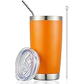 COMOOO 20oz Double Wall Vacuum Insulated Travel Mug, Stainless Steel Tumbler with Lid and Straw Durable Powder Coated Insulated Coffee Cup for Cold & Hot Drinks（Orange, 1 Pack）