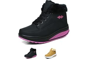 Women's Fur Lined Warm Thick Sole Lace Up Rocker Shoes,Womens Platform Snow Boots (Black,8)