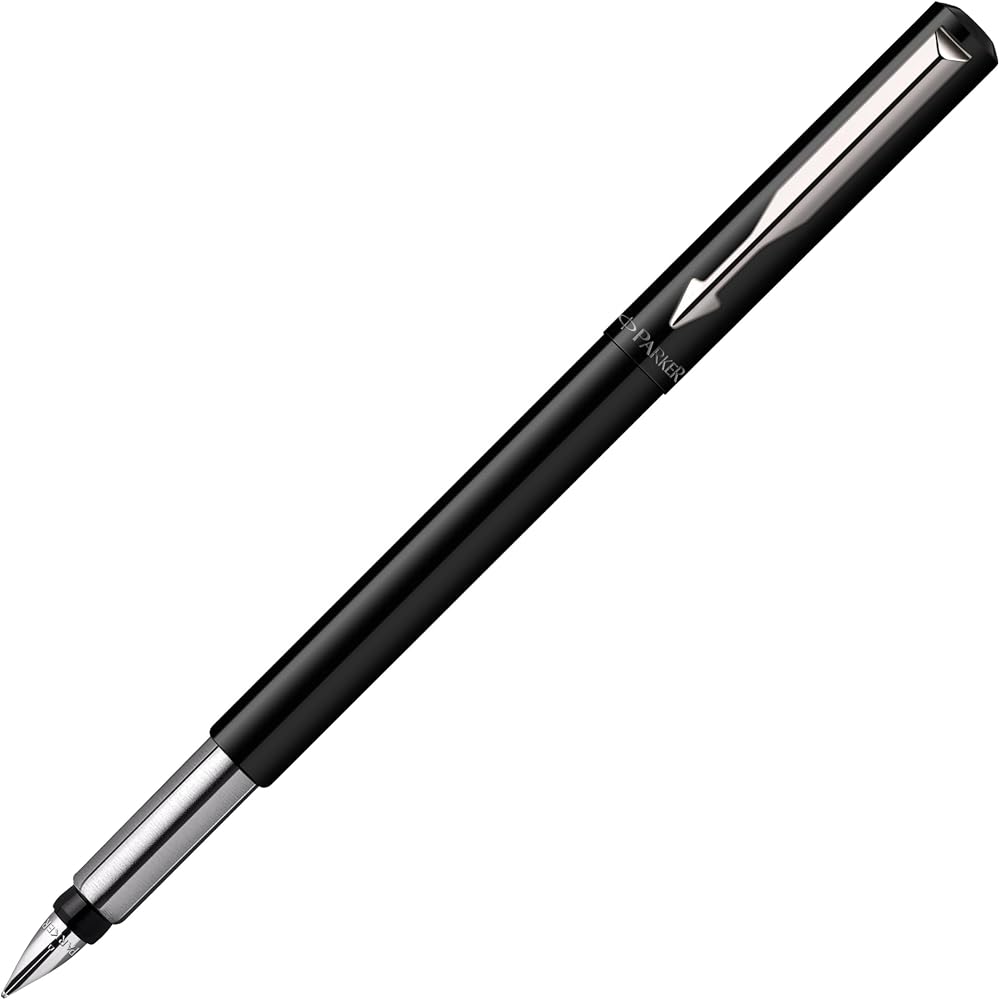 Parker Vector Fountain Pen Black Chrome Trim Medium Nib Blue Ink Hangtab