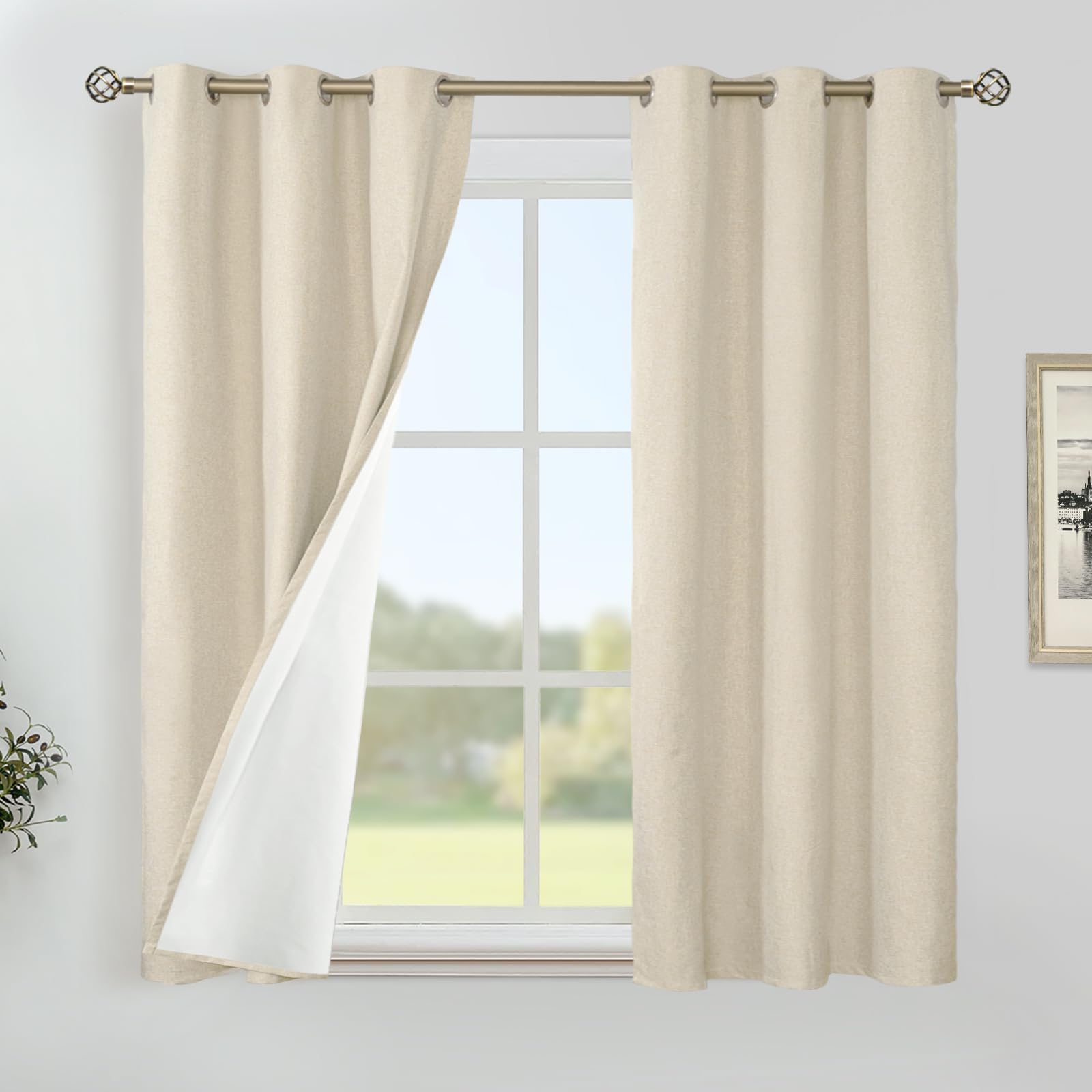 YoungsTex Natural Linen 100% Blackout Curtains 54 Inches Long, Thermal Insulated Black Out Drapes with Grommet Room Darkening for Living Room Bedroom Windows, 2 Panels, 42 X 54 Inch Image