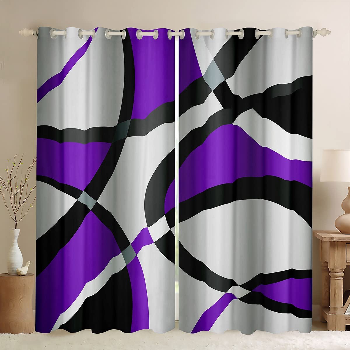 Purple and White Abstract Blackout Curtains Geometric Circle Swirl Window Curtains Retro Stripe Swirl Darkening Dreapes Modern Geometric Window Treatments W52*L90 — image 1