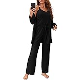 Fessceruna Womens 3 Piece Pajama Set Cami Tank Top Wide Leg Pants and Cardigan Loungewear Lounge Sets
