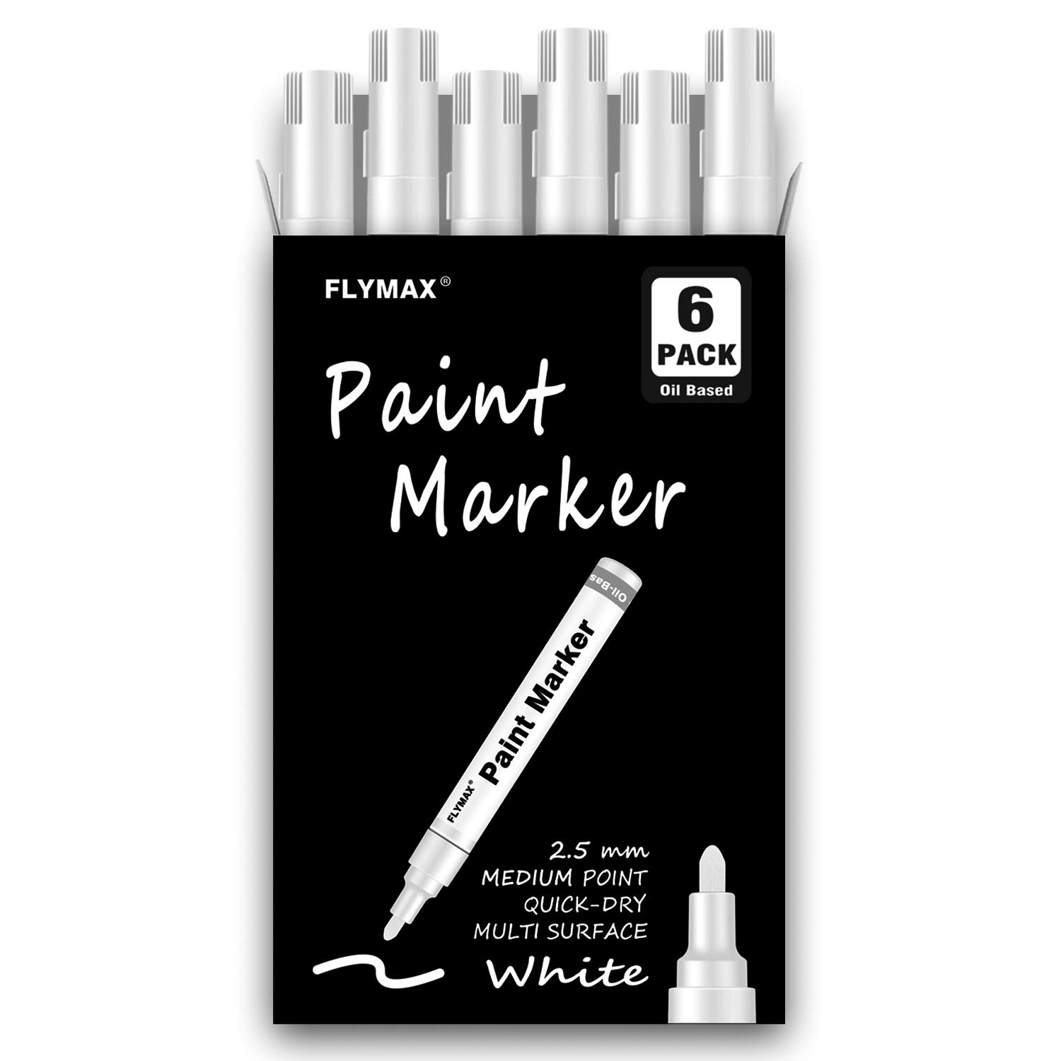 FLYMAX White Marker Paint Pens 2.5mm- Permanent Marker Pens White Paint Oil-Based Medium Tip Waterproof Quick-Drying (6 in 1Pack)
