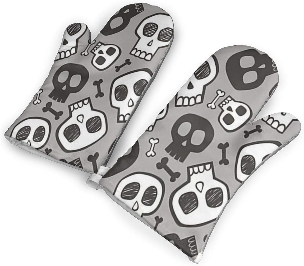 VshiXzno Skulls and Bones Halloween Oven Mitts,Professional Heat Resistant to 500?? F,Non-Slip Kitchen Oven Gloves for Cooking,Baking,Grilling,Barbecue Potholders