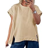 Tankaneo Womens Oversized Short Cap Sleeve T-Shirts Crew Neck Side Slit Tops Summer Casual Loose Fit Tees Tunic Shirts