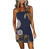 Summer Dress for Women Strapless Beach Cover Ups Boho Sundress Mini Dress Drawstring Waist with Pockets