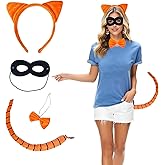 Xnetsby 4Pcs Cat Costume Accessories Set, Orange Cat Ears Headband, Black Mask, Bow Tie and Striped Tail