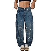 High Waisted Baggy Jeans for Women Rhinestone Diamond Straight Loose Jeans Fashion Vintage Boyfriend Denim Pants