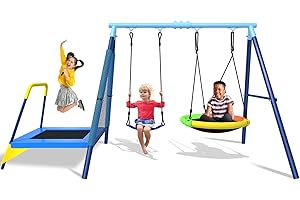 JYGOPLA 440lbs Kids Swing Set, 3-in-1 Outdoor Playground with Saucer Swing, Belt Seat & 4ft Trampoline, Heavy Duty A-Frame Metal Stand & Safety Stakes, Backyard Playset for Toddlers 3-8 Years Old