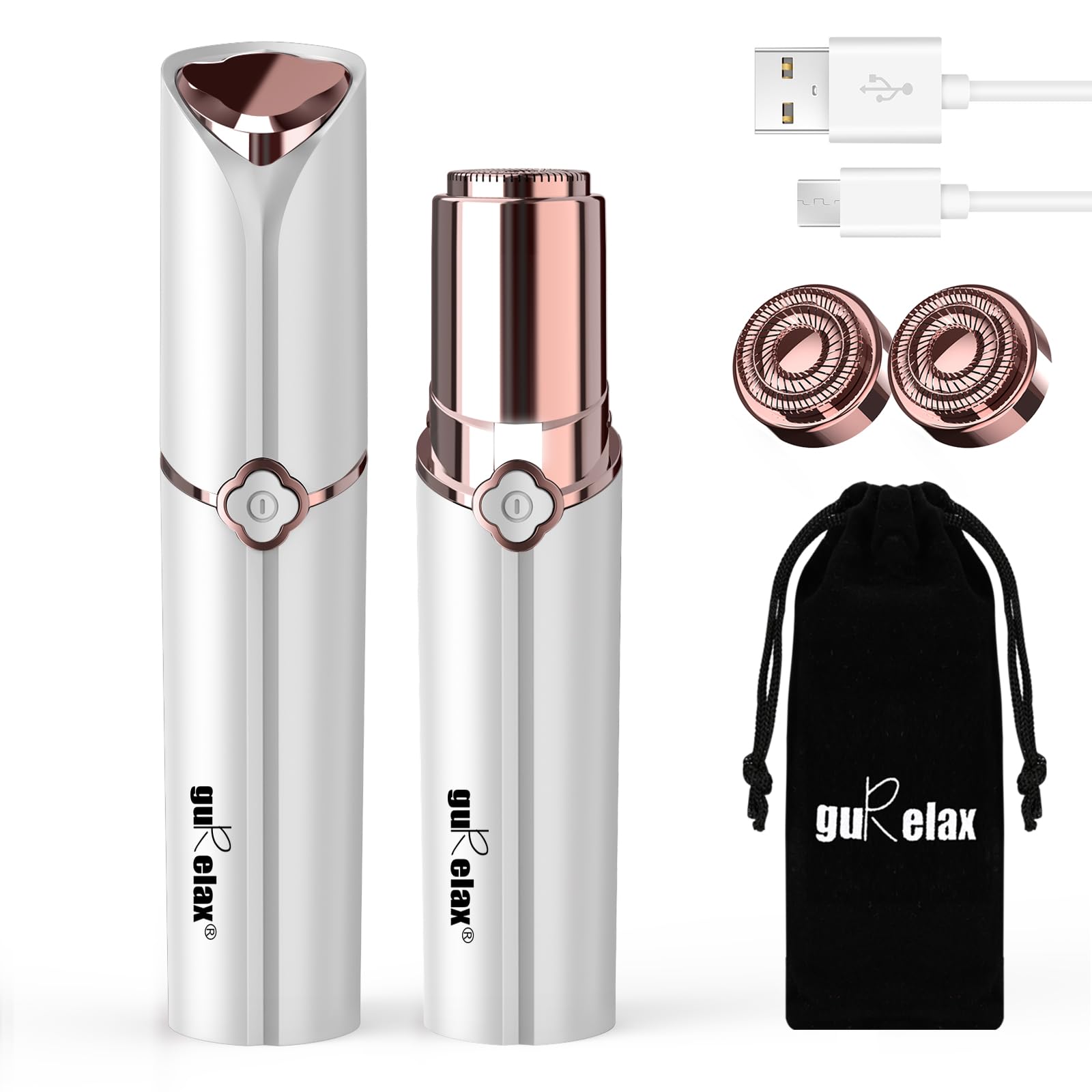 Gurelax Facial Epilator for Women, Painless Lady Shavers, Rechargeable, USB Powered, Waterproof, White, Includes 2 x Replacement Heads, Small Brush, Flannel Bag, USB Charging Cable