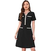 Allegra K Work Dress for Women's V Neck Short Sleeves Tweed Trim Dressy Office A-Line Dresses