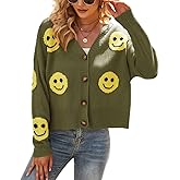 chouyatou Women's Loose-Fit Smile Face Jacquard Knitted Cardigan Sweater Jacket