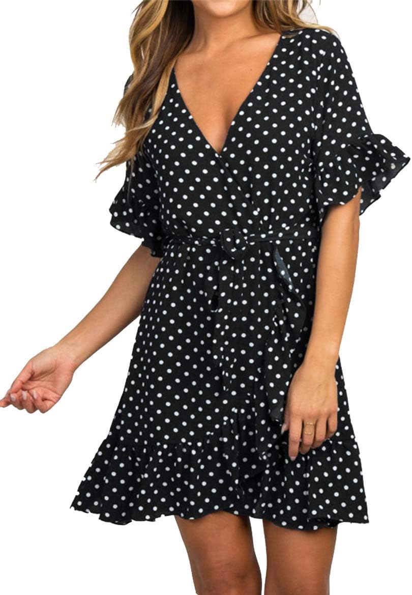 Women's Summer Casual Chiffon Button Short Sleeve Tie Waist Polka Dot Solid Color Beach Mini Shirt Dress