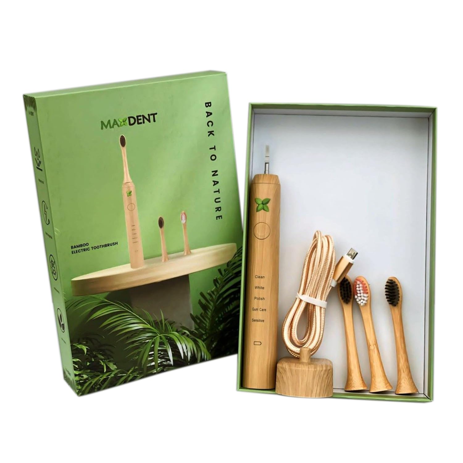 Maxdent Rechargeable Bamboo Electric Toothbrush, Soft Bristle Adult Oral Care with 3 Replacement Heads, Electric Toothbrush for Adults, Sustainable Rechargeable Dental Hygiene