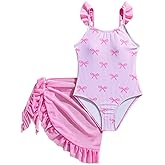 Ecolala Girls One Piece Swimsuits Ruffle Straps Bow Stripe Print Cute Bathing Suits with Mesh Swim Cover Up Skirt