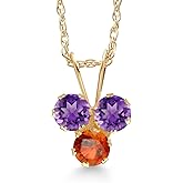 Gem Stone King 14K Yellow Gold Purple Amethyst and Orange Sapphire 3-Stone Pendant Necklace For Women (0.36 Cttw, Gemstone February Birthstone, Round 3MM, 18 Inch Chain)