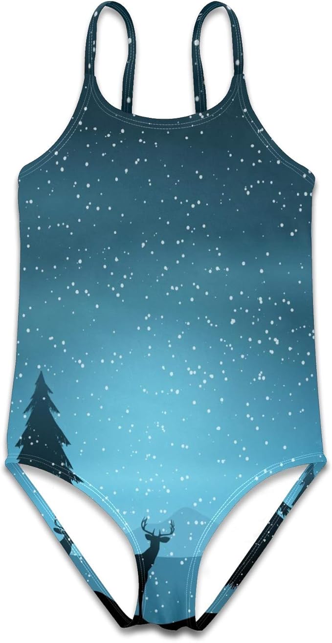 Girls One Piece Swimsuits Deer in Winter Landscape Beach Swimwear